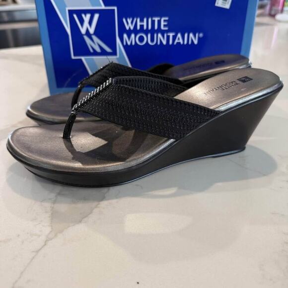 White Mountain Wedge Thong Sandals Women’s 8M Black/Silver Sequins/Rhinestones - Picture 3 of 8